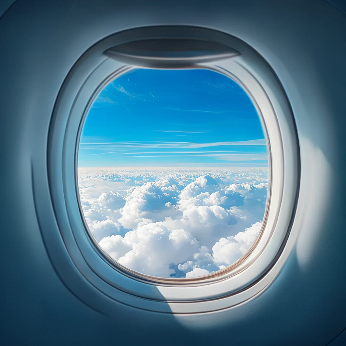 飛行中の円形の機窓から見える白いふわふわした雲の景色
