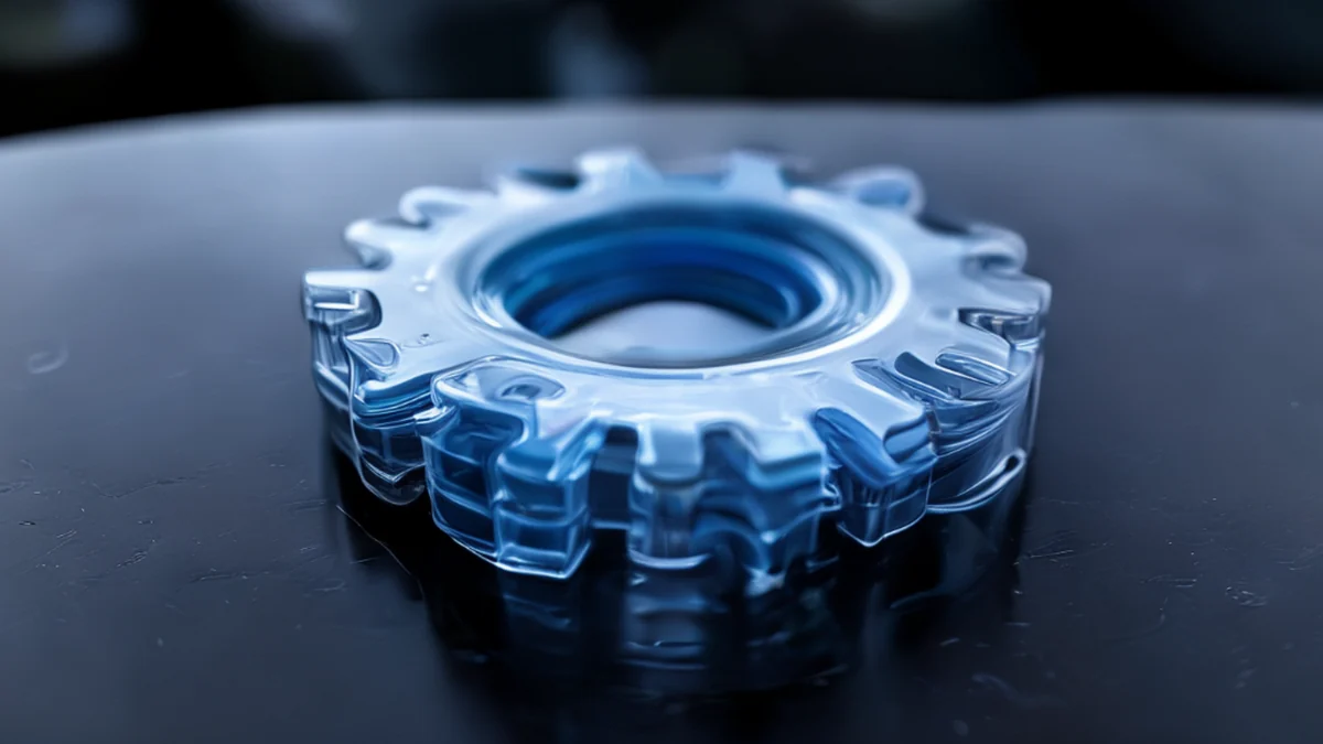 A close-up view of a plastic gear with teeth and a smooth surface.