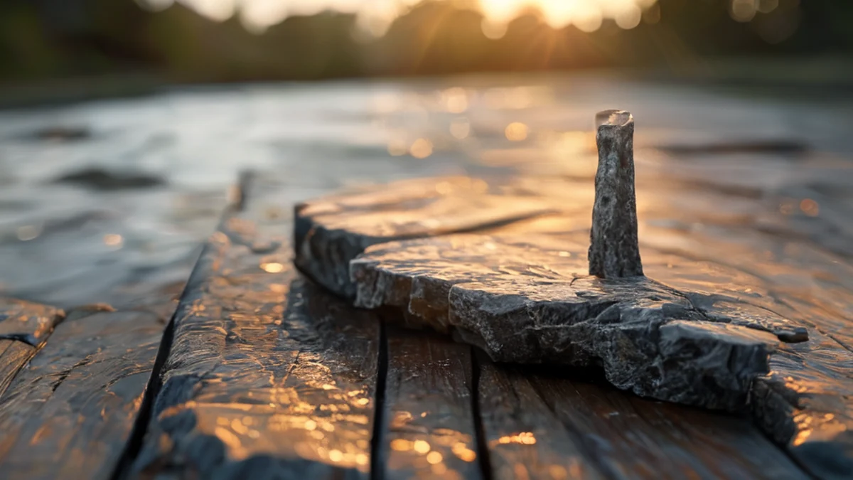 NTB Rivier Stake: Structuur van rivier met houten planken en metaalapparatuur.