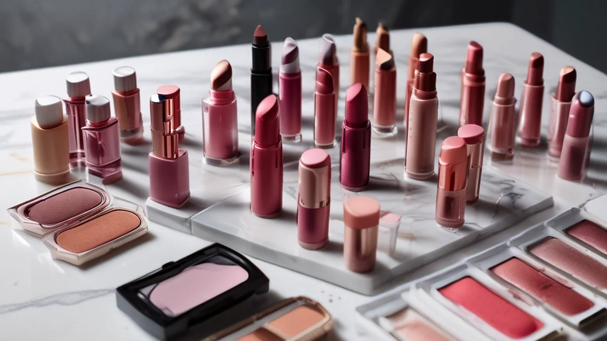 Productos de belleza y cuidado de la piel de lujo se exponen en un entorno elegante.