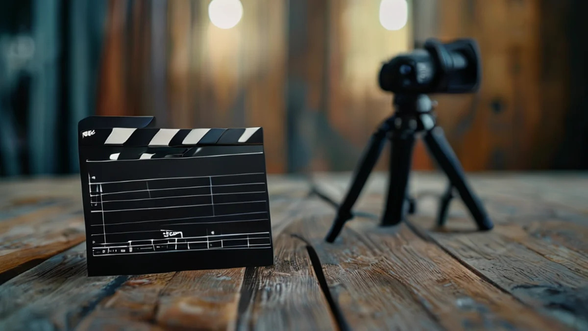 De filmregisseur gebruikt een clapperboard en camera tijdens de opname.